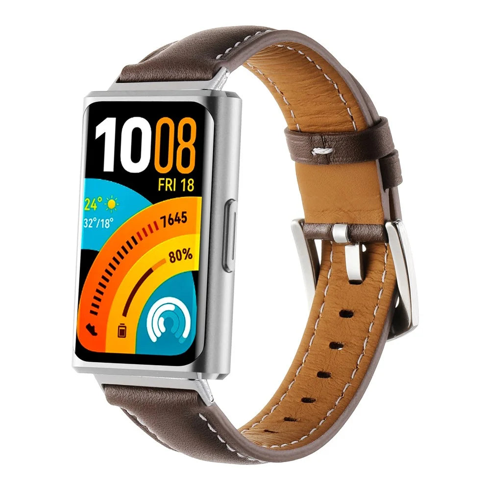 Strap for Huawei Band 11 Pro NFC  /  11 NFC  /  11 Pro  /  11 Genuine Cow Leather Band Quick Release Replacement Wristband - Brown - 2