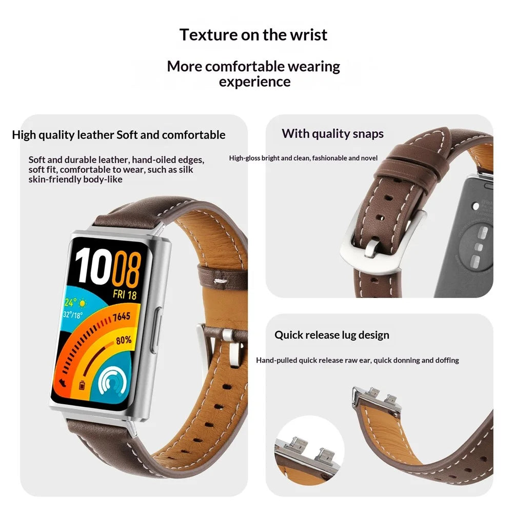 Strap for Huawei Band 11 Pro NFC  /  11 NFC  /  11 Pro  /  11 Genuine Cow Leather Band Quick Release Replacement Wristband - Brown - 4