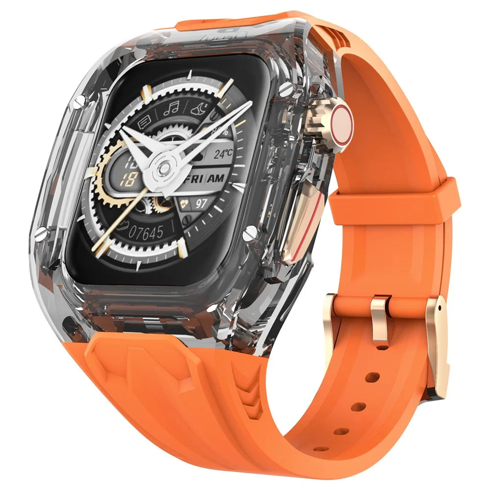 AHASTYLE WE28 Strap for Apple Watch Series 9 8 7 41mm  /  SE3 SE2 SE 6 5 4 40mm Silicone Band with Integrated Watch Case - Orange+Transparent Black - 1
