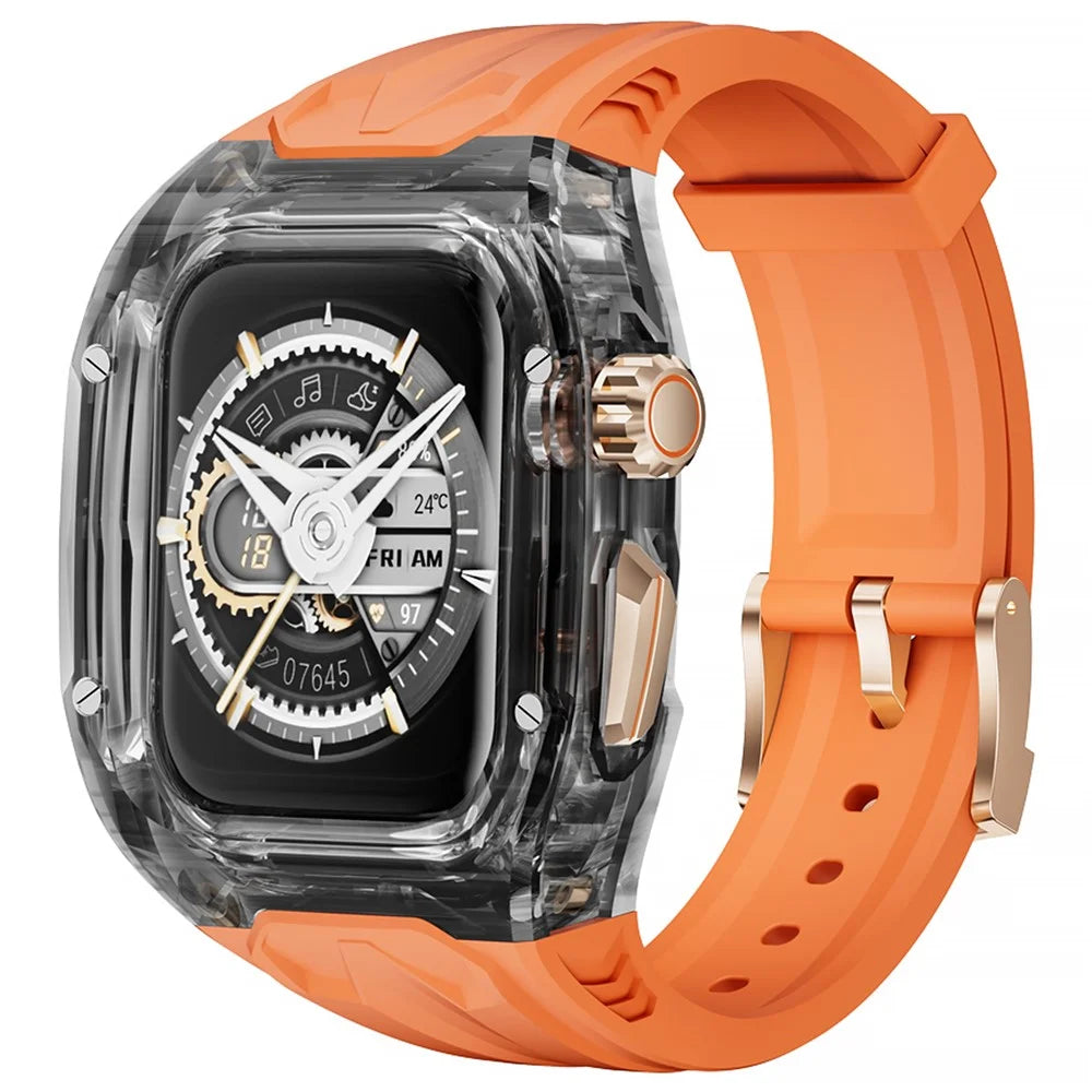 AHASTYLE WE28 Strap for Apple Watch Series 9 8 7 41mm  /  SE3 SE2 SE 6 5 4 40mm Silicone Band with Integrated Watch Case - Orange+Transparent Black - 2