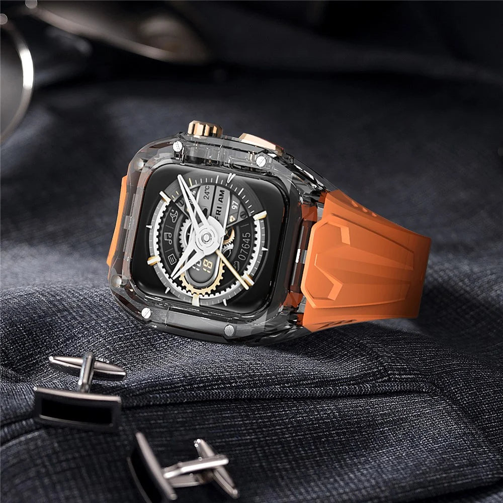 AHASTYLE WE28 Strap for Apple Watch Series 9 8 7 41mm  /  SE3 SE2 SE 6 5 4 40mm Silicone Band with Integrated Watch Case - Orange+Transparent Black - 5