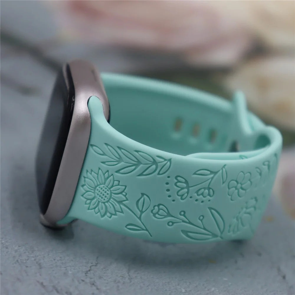 Silicone Strap For Apple Watch Series 11 10 42mm / 9 8 7 41mm / SE3 SE2 SE 6 5 4 40mm / 3 2 1 38mm Sunflower Embossed Adjustable Watch Band - Sea Green - 1