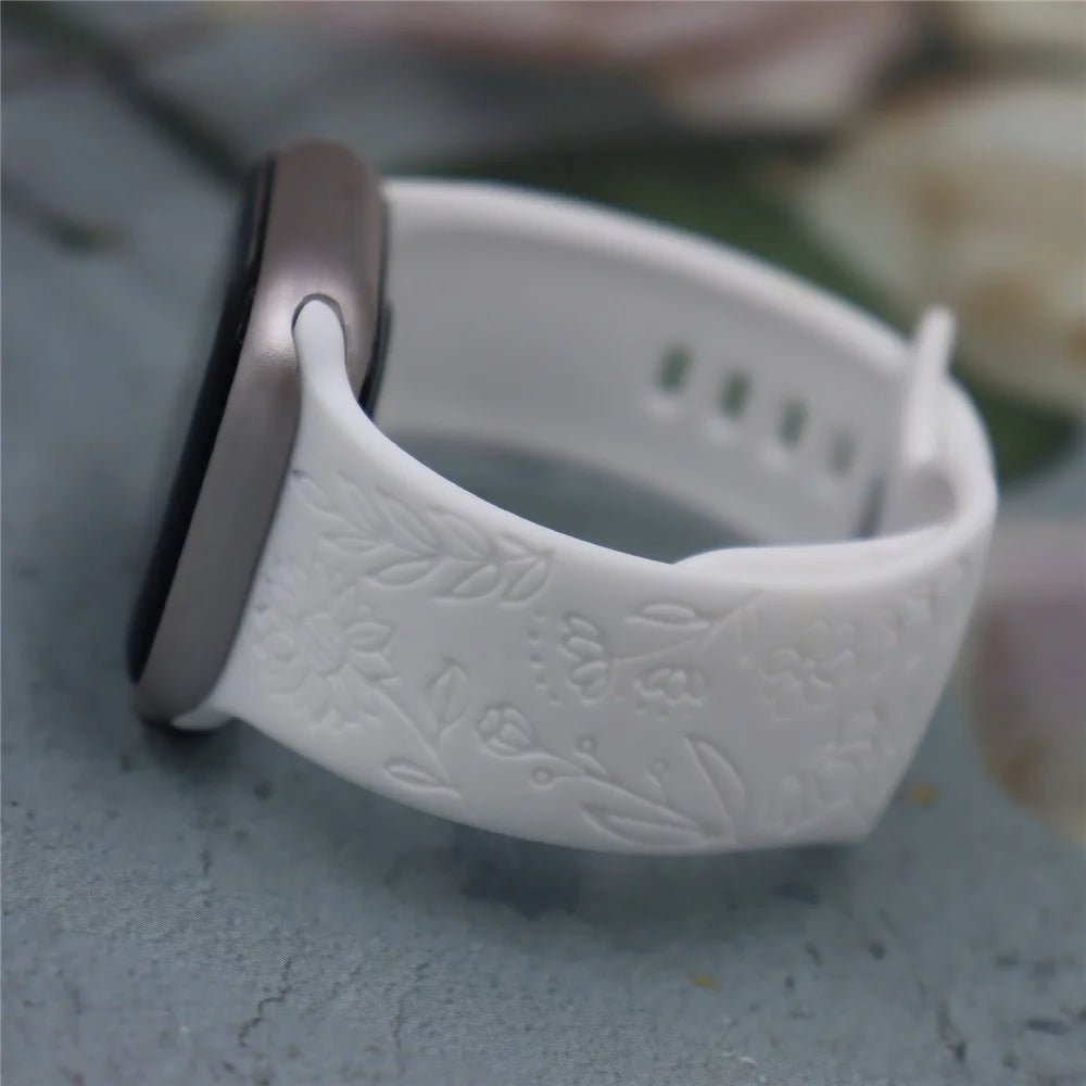 Silicone Strap For Apple Watch Ultra 3 2 1 49mm / Series 11 10 46mm / 9 8 7 45mm / SE3 SE2 SE 6 5 4 44mm / 3 2 1 42mm Sunflower Embossed Adjustable Watch Band - White - 1