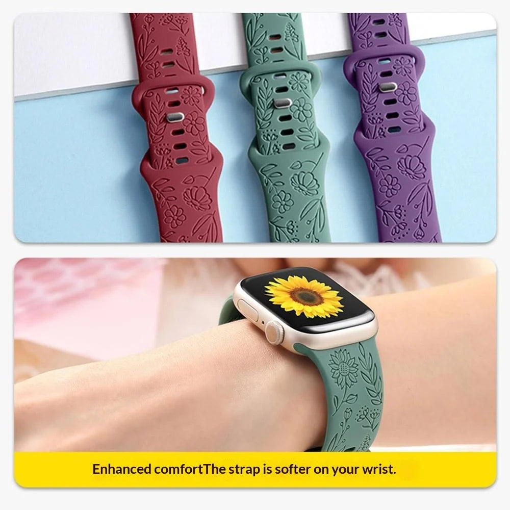 Silicone Strap For Apple Watch Ultra 3 2 1 49mm / Series 11 10 46mm / 9 8 7 45mm / SE3 SE2 SE 6 5 4 44mm / 3 2 1 42mm Sunflower Embossed Adjustable Watch Band - White - 5