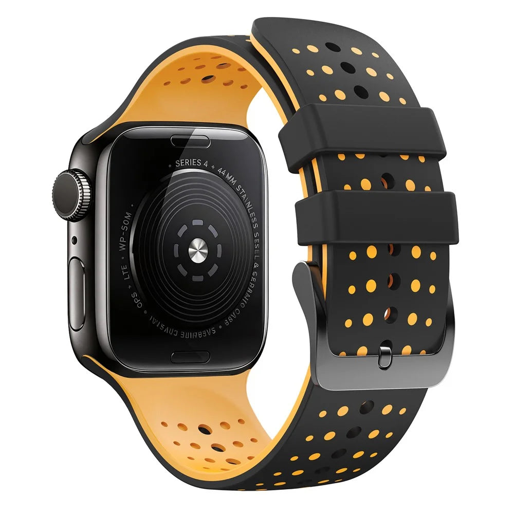 Sport Silicone Band for for Apple Watch Ultra 3 2 1 49mm  /  Series 11 10 46mm  /  9 8 7 45mm  /  SE3 SE2 SE 6 5 4 44mm  /  3 2 1 42mm Dual Color Breathable Watch Strap - Black+Yellow - 1