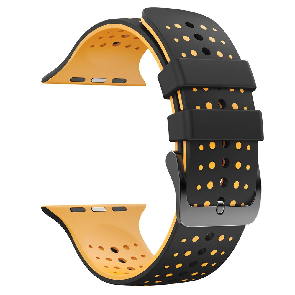 Sport Silicone Band for for Apple Watch Ultra 3 2 1 49mm  /  Series 11 10 46mm  /  9 8 7 45mm  /  SE3 SE2 SE 6 5 4 44mm  /  3 2 1 42mm Dual Color Breathable Watch Strap - Black+Yellow - 2