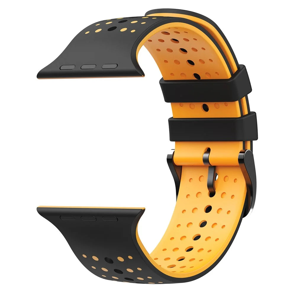 Sport Silicone Band for for Apple Watch Ultra 3 2 1 49mm  /  Series 11 10 46mm  /  9 8 7 45mm  /  SE3 SE2 SE 6 5 4 44mm  /  3 2 1 42mm Dual Color Breathable Watch Strap - Black+Yellow - 3