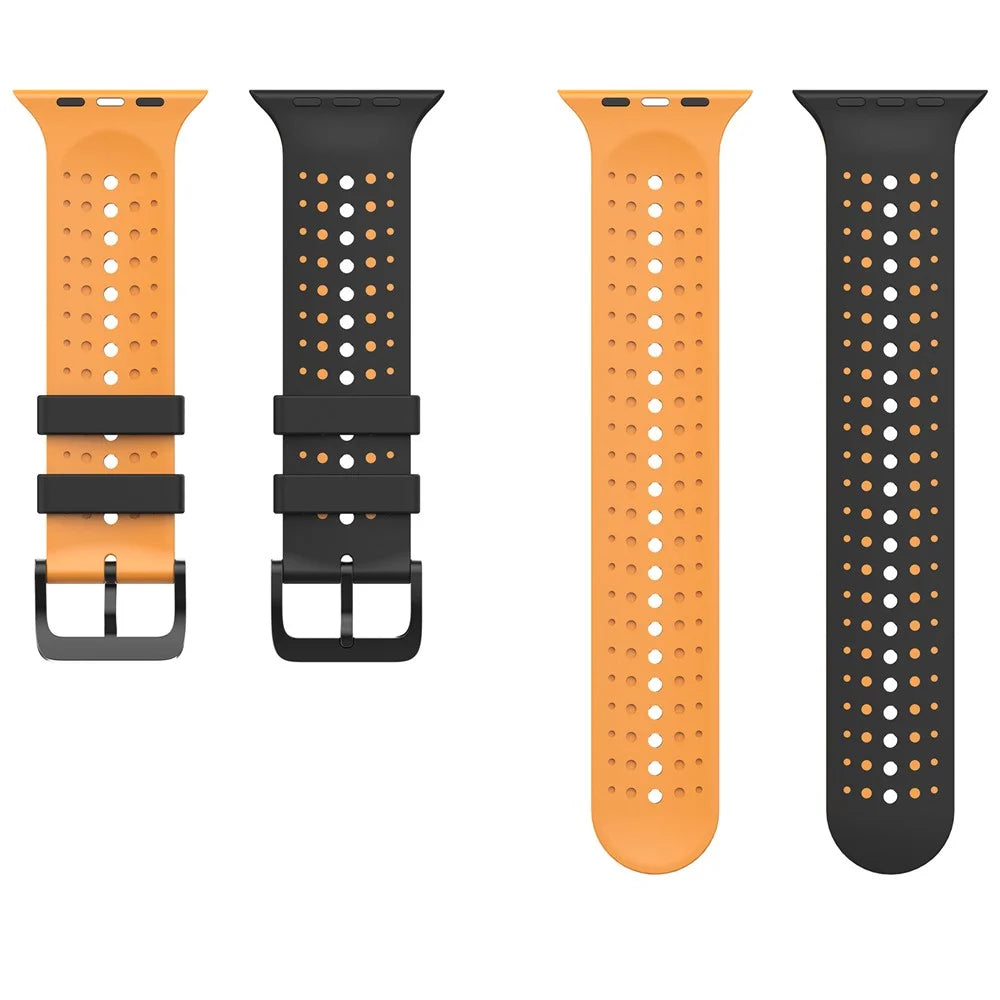 Sport Silicone Band for for Apple Watch Ultra 3 2 1 49mm  /  Series 11 10 46mm  /  9 8 7 45mm  /  SE3 SE2 SE 6 5 4 44mm  /  3 2 1 42mm Dual Color Breathable Watch Strap - Black+Yellow - 4