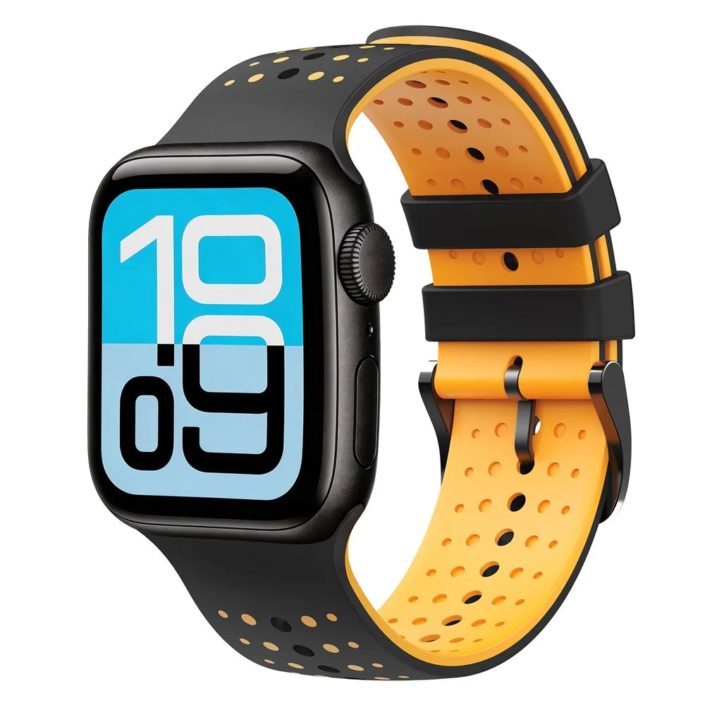Sport Silicone Band for for Apple Watch Ultra 3 2 1 49mm  /  Series 11 10 46mm  /  9 8 7 45mm  /  SE3 SE2 SE 6 5 4 44mm  /  3 2 1 42mm Dual Color Breathable Watch Strap - Black+Yellow - 5