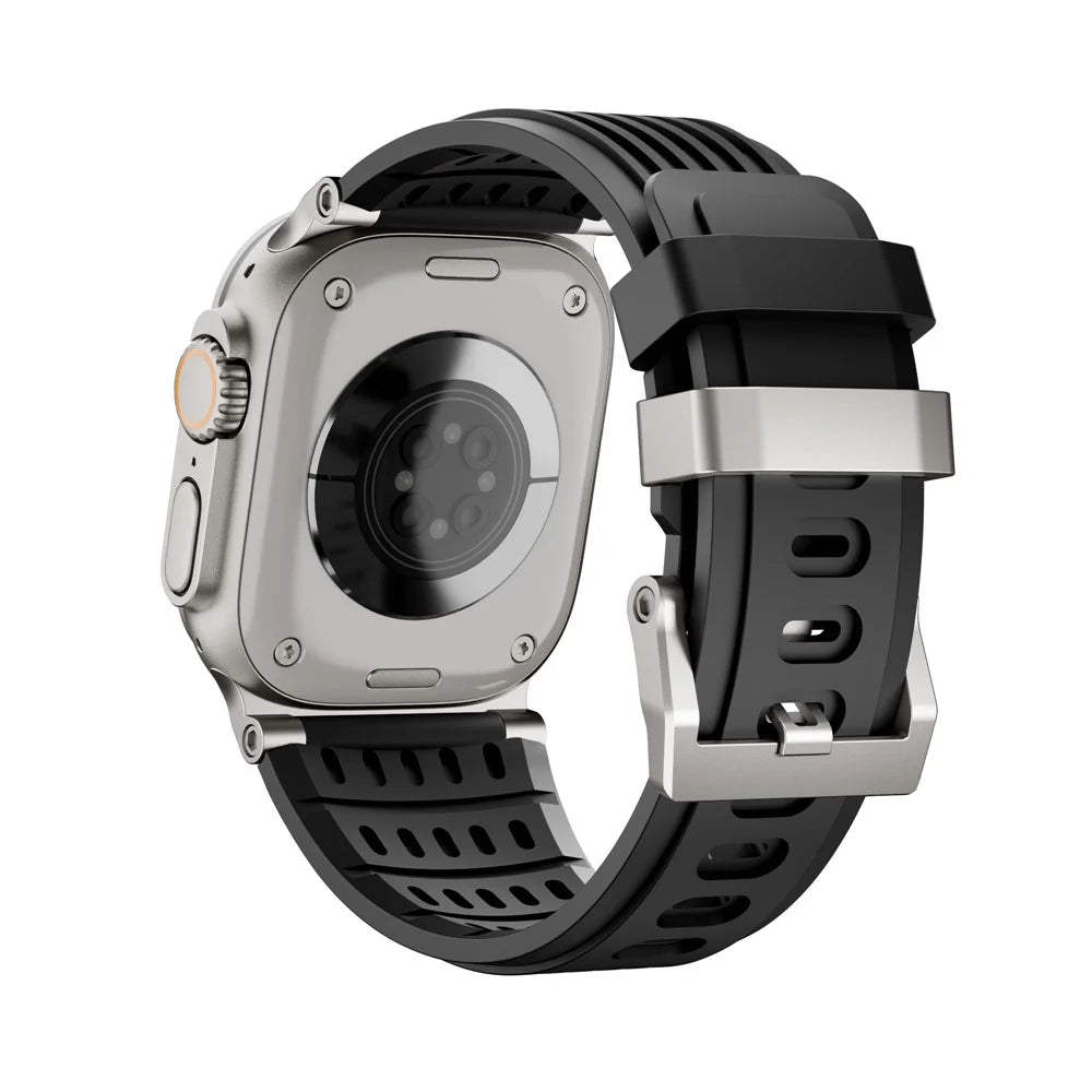 Strap for Apple Watch Ultra 3 2 1 49mm  /  Series 11 10 46mm  /  9 8 7 45mm  /  SE3 SE2 SE 6 5 4 44mm  /  3 2 1 42mm Silicone Band with Double Stainless Steel Buckle - Titanium Buckle / Black - 1