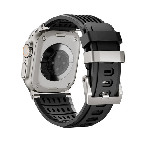 Strap for Apple Watch Ultra 3 2 1 49mm  /  Series 11 10 46mm  /  9 8 7 45mm  /  SE3 SE2 SE 6 5 4 44mm  /  3 2 1 42mm Silicone Band with Double Stainless Steel Buckle - Titanium Buckle / Black - 1