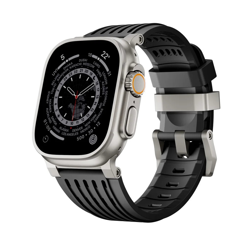 Strap for Apple Watch Ultra 3 2 1 49mm  /  Series 11 10 46mm  /  9 8 7 45mm  /  SE3 SE2 SE 6 5 4 44mm  /  3 2 1 42mm Silicone Band with Double Stainless Steel Buckle - Titanium Buckle / Black - 2