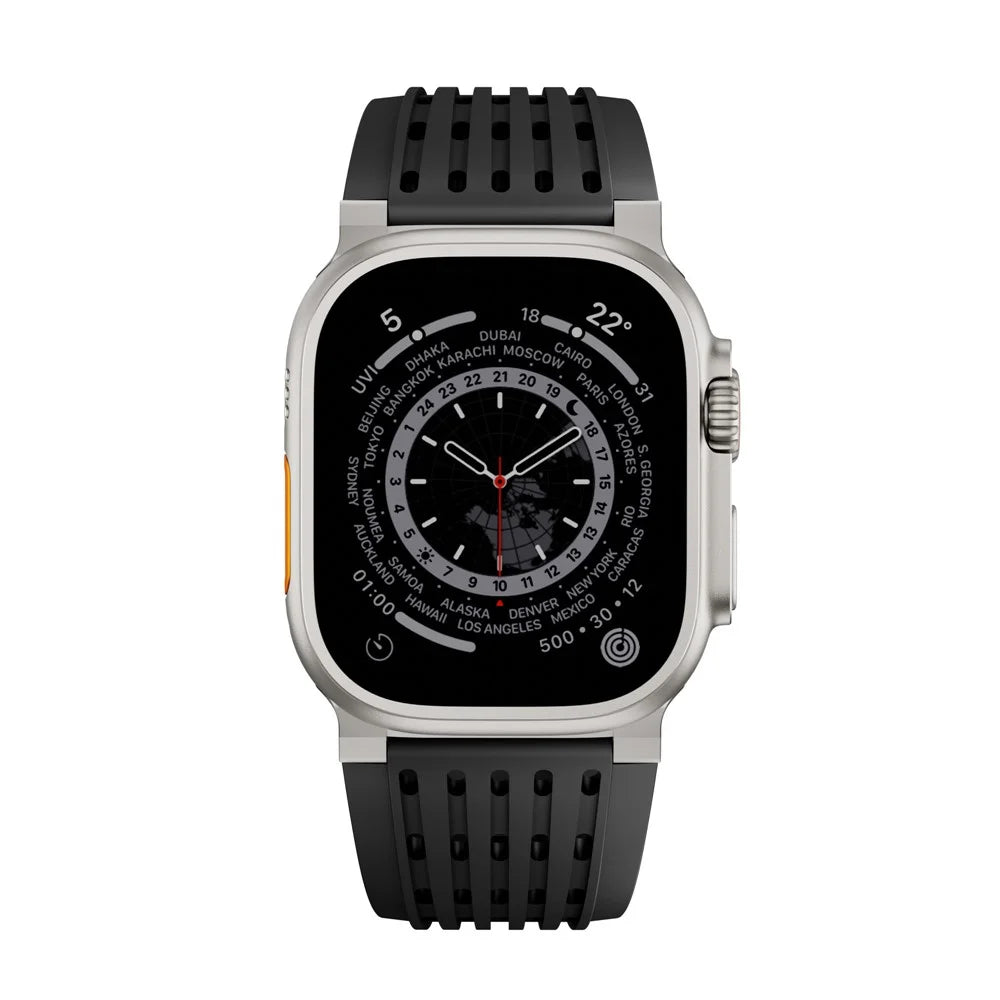 Strap for Apple Watch Ultra 3 2 1 49mm  /  Series 11 10 46mm  /  9 8 7 45mm  /  SE3 SE2 SE 6 5 4 44mm  /  3 2 1 42mm Silicone Band with Double Stainless Steel Buckle - Titanium Buckle / Black - 3