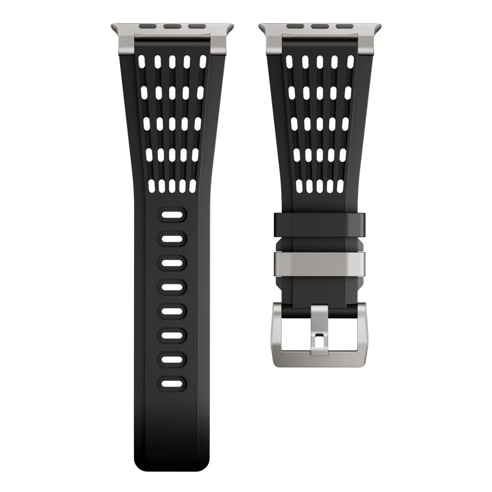 Strap for Apple Watch Ultra 3 2 1 49mm  /  Series 11 10 46mm  /  9 8 7 45mm  /  SE3 SE2 SE 6 5 4 44mm  /  3 2 1 42mm Silicone Band with Double Stainless Steel Buckle - Titanium Buckle / Black - 5
