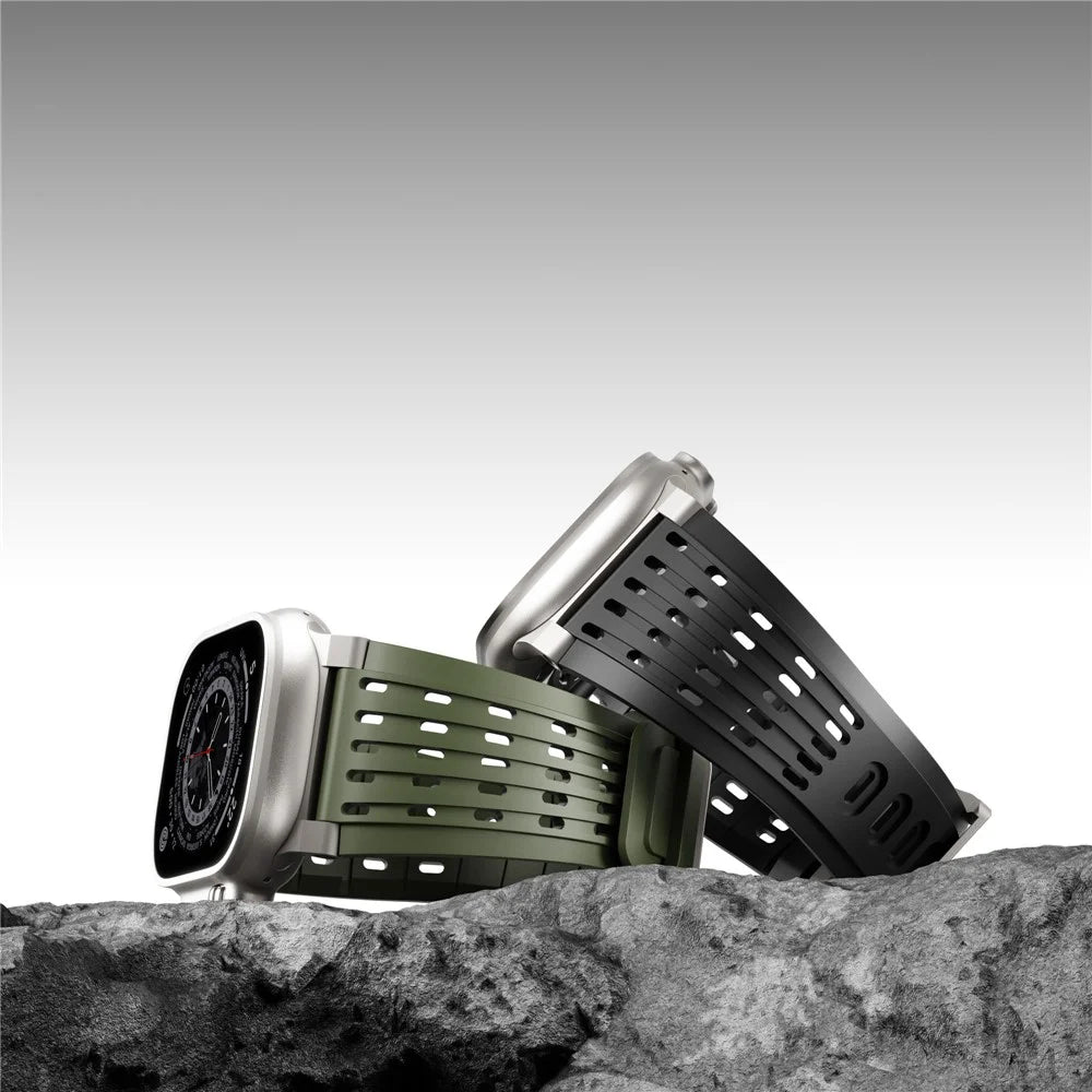 Strap for Apple Watch Ultra 3 2 1 49mm  /  Series 11 10 46mm  /  9 8 7 45mm  /  SE3 SE2 SE 6 5 4 44mm  /  3 2 1 42mm Silicone Band with Double Stainless Steel Buckle - Titanium Buckle / Black - 6
