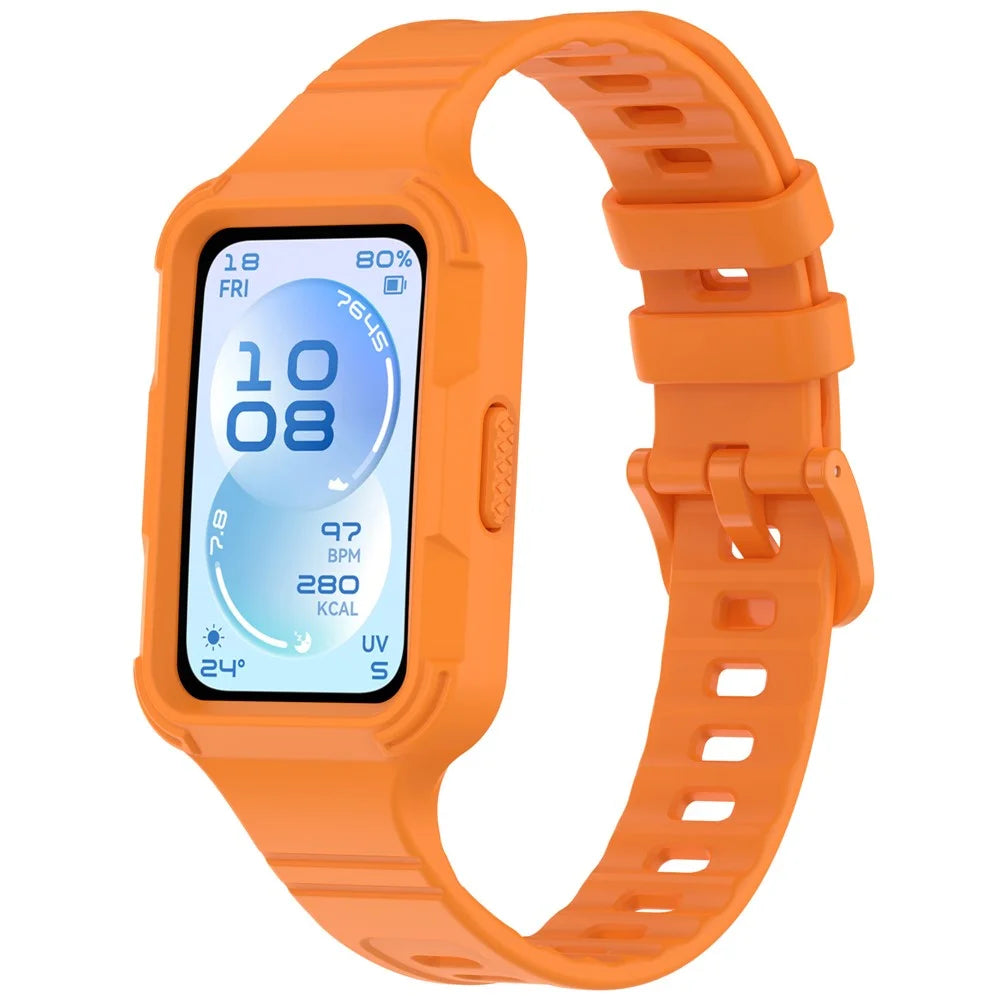 For for Huawei Band 11 Pro NFC  /  11 Pro Integrated Armor Silicone Band with Watch Case - Orange - 1