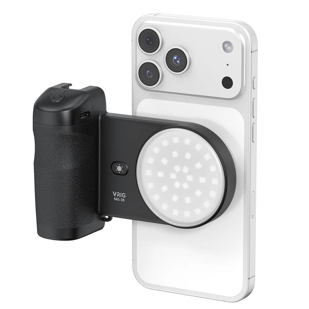 VRIG MG-35 Magnetic Mount Bluetooth-Compatible Shutter Selfie Handle with 3-Level Fill Light for Cellphone - Black - 1