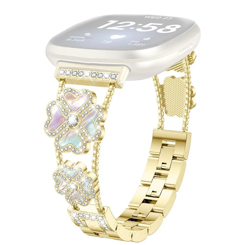 For Fitbit Versa 3 / Sense Metal Strap Heart Clover Rhinestone Decor Watch Band - Gold / Colorful - 1