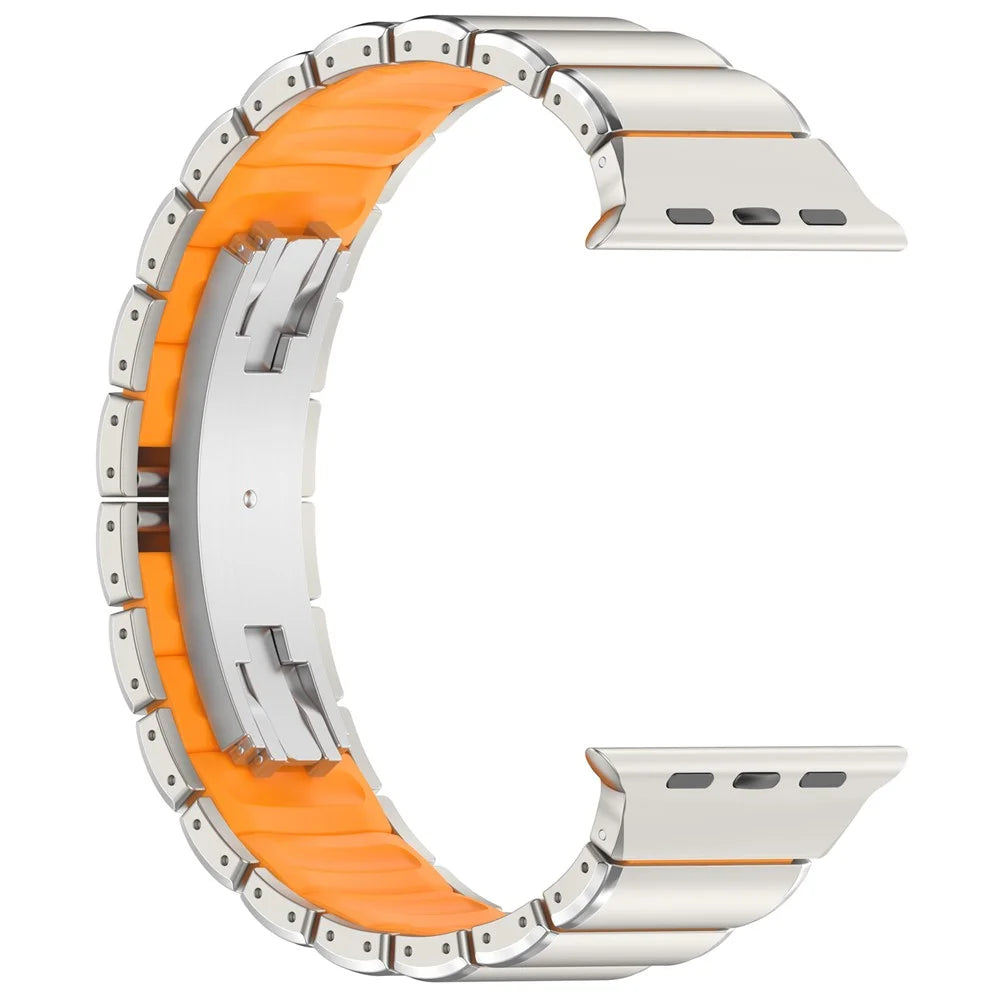 Strap for Apple Watch Ultra 3 2 1 49mm  /  Series 11 10 46mm  /  9 8 7 45mm  /  SE3 SE2 SE 6 5 4 44mm  /  3 2 1 42mm Titanium Alloy + Rubber Band with Foldable Buckle - Titanium+Orange - 3