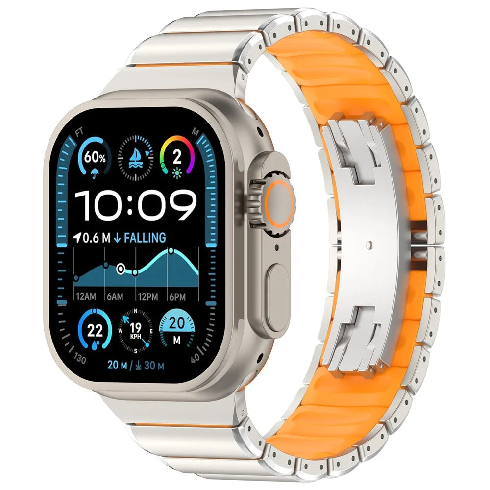 Strap for Apple Watch Ultra 3 2 1 49mm  /  Series 11 10 46mm  /  9 8 7 45mm  /  SE3 SE2 SE 6 5 4 44mm  /  3 2 1 42mm Titanium Alloy + Rubber Band with Foldable Buckle - Titanium+Orange - 4