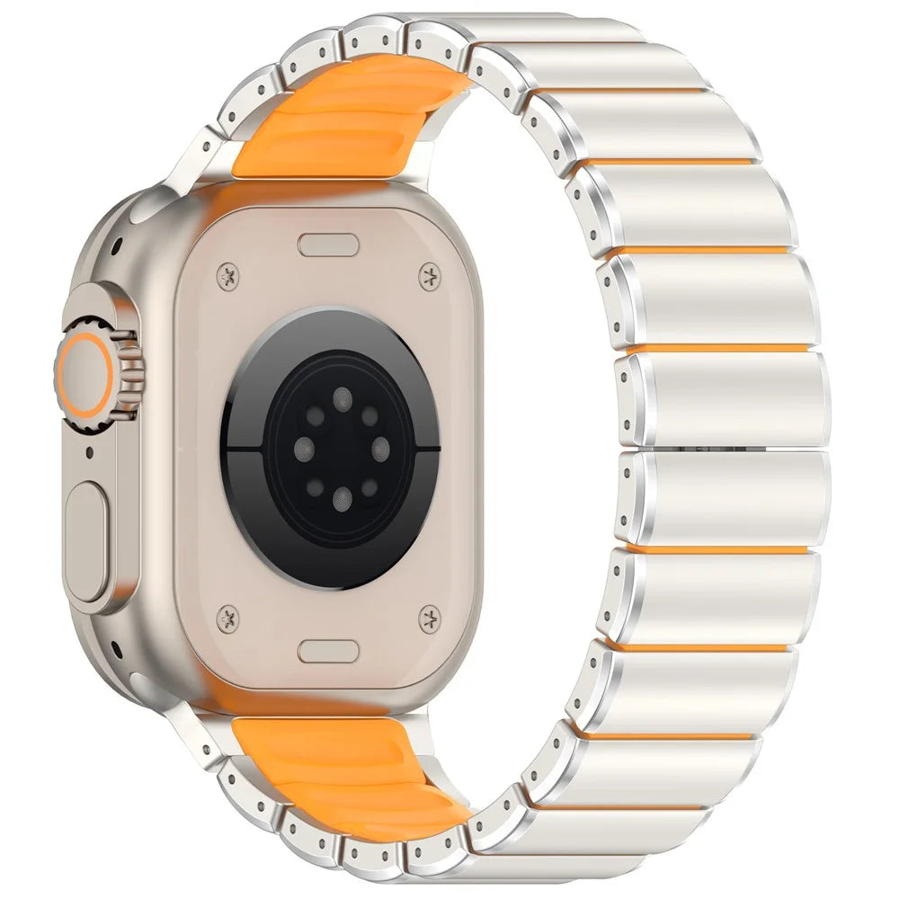 Strap for Apple Watch Series 11 10 42mm  /  9 8 7 41mm  /  SE3 SE2 SE 6 5 4 40mm  /  3 2 1 38mm Titanium Alloy + Rubber Band with Foldable Buckle - Titanium+Orange - 1