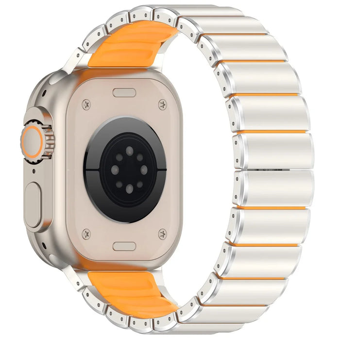 Strap for Apple Watch Series 11 10 42mm  /  9 8 7 41mm  /  SE3 SE2 SE 6 5 4 40mm  /  3 2 1 38mm Titanium Alloy + Rubber Band with Foldable Buckle - Titanium+Orange - 1