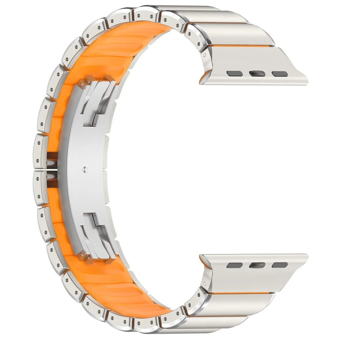 Strap for Apple Watch Series 11 10 42mm  /  9 8 7 41mm  /  SE3 SE2 SE 6 5 4 40mm  /  3 2 1 38mm Titanium Alloy + Rubber Band with Foldable Buckle - Titanium+Orange - 3