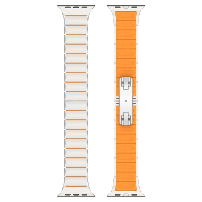 Strap for Apple Watch Series 11 10 42mm  /  9 8 7 41mm  /  SE3 SE2 SE 6 5 4 40mm  /  3 2 1 38mm Titanium Alloy + Rubber Band with Foldable Buckle - Titanium+Orange - 5