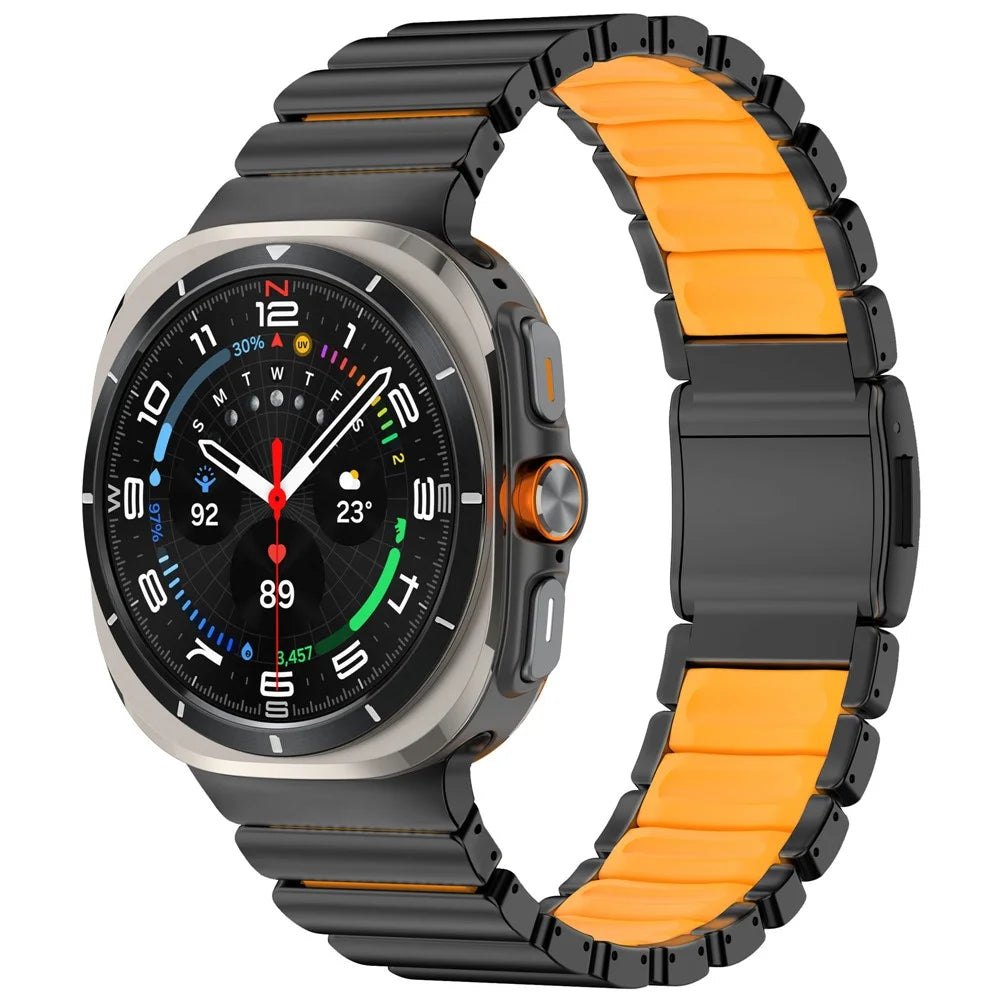 For Samsung Galaxy Watch Ultra2 47mm / Watch Ultra (2025) 47mm / Watch Ultra 47mm Stainless Steel + Silicone Dual Color Band Bamboo Link Watch Strap - Black+Orange - 2