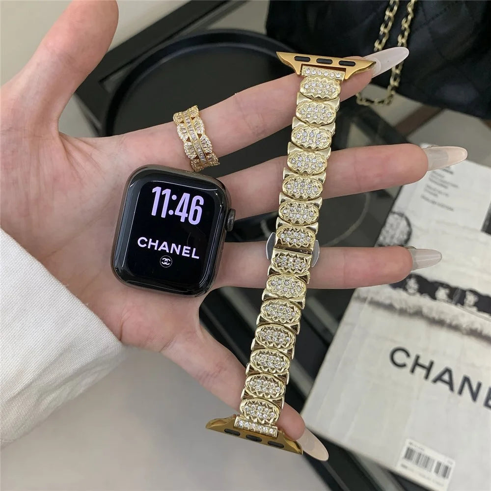 Strap for Apple Watch Series 11 10 42mm  /  9 8 7 41mm  /  SE3 SE2 SE 6 5 4 40mm  /  3 2 1 38mm Rhinestone Decor Zinc Alloy Metal Chain Band - Gold - 2