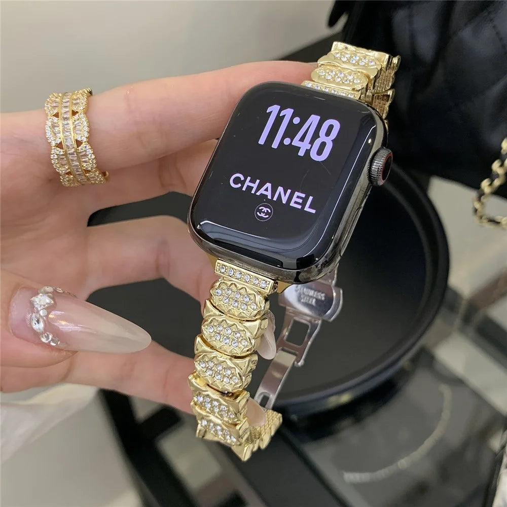 Strap for Apple Watch Series 11 10 42mm  /  9 8 7 41mm  /  SE3 SE2 SE 6 5 4 40mm  /  3 2 1 38mm Rhinestone Decor Zinc Alloy Metal Chain Band - Gold - 3