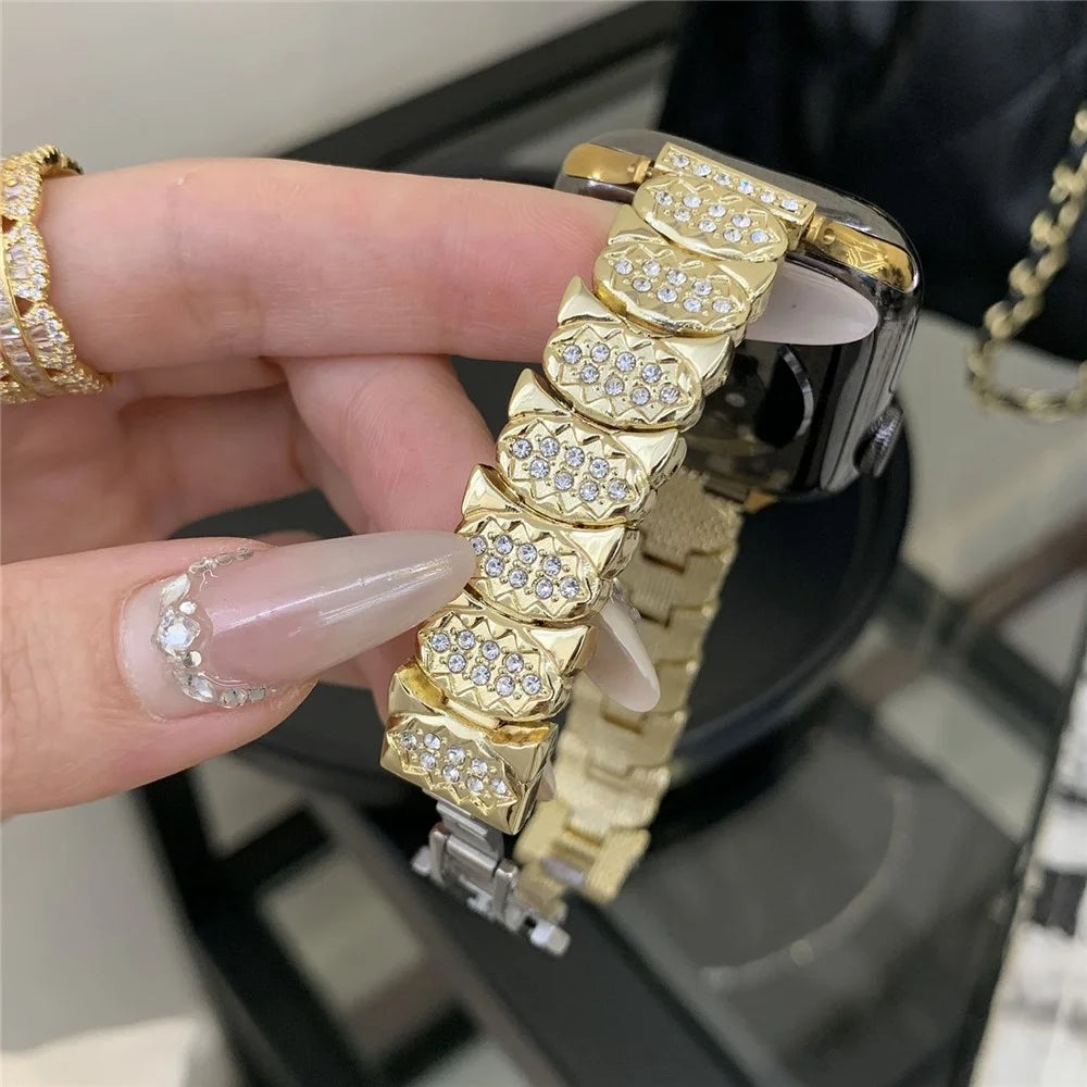 Strap for Apple Watch Series 11 10 42mm  /  9 8 7 41mm  /  SE3 SE2 SE 6 5 4 40mm  /  3 2 1 38mm Rhinestone Decor Zinc Alloy Metal Chain Band - Gold - 4