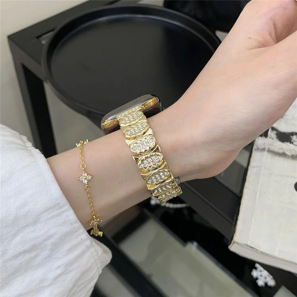 Strap for Apple Watch Series 11 10 42mm  /  9 8 7 41mm  /  SE3 SE2 SE 6 5 4 40mm  /  3 2 1 38mm Rhinestone Decor Zinc Alloy Metal Chain Band - Gold - 5