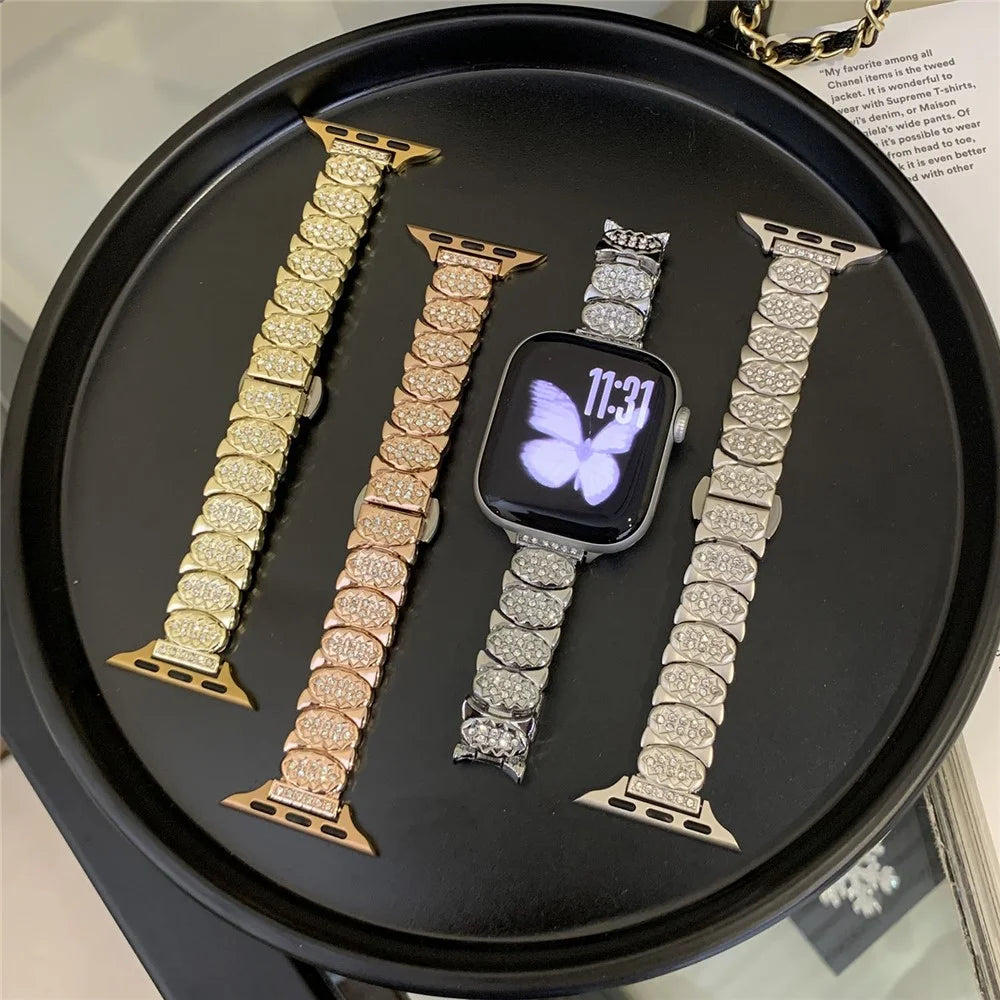 Strap for Apple Watch Series 11 10 42mm  /  9 8 7 41mm  /  SE3 SE2 SE 6 5 4 40mm  /  3 2 1 38mm Rhinestone Decor Zinc Alloy Metal Chain Band - Gold - 6
