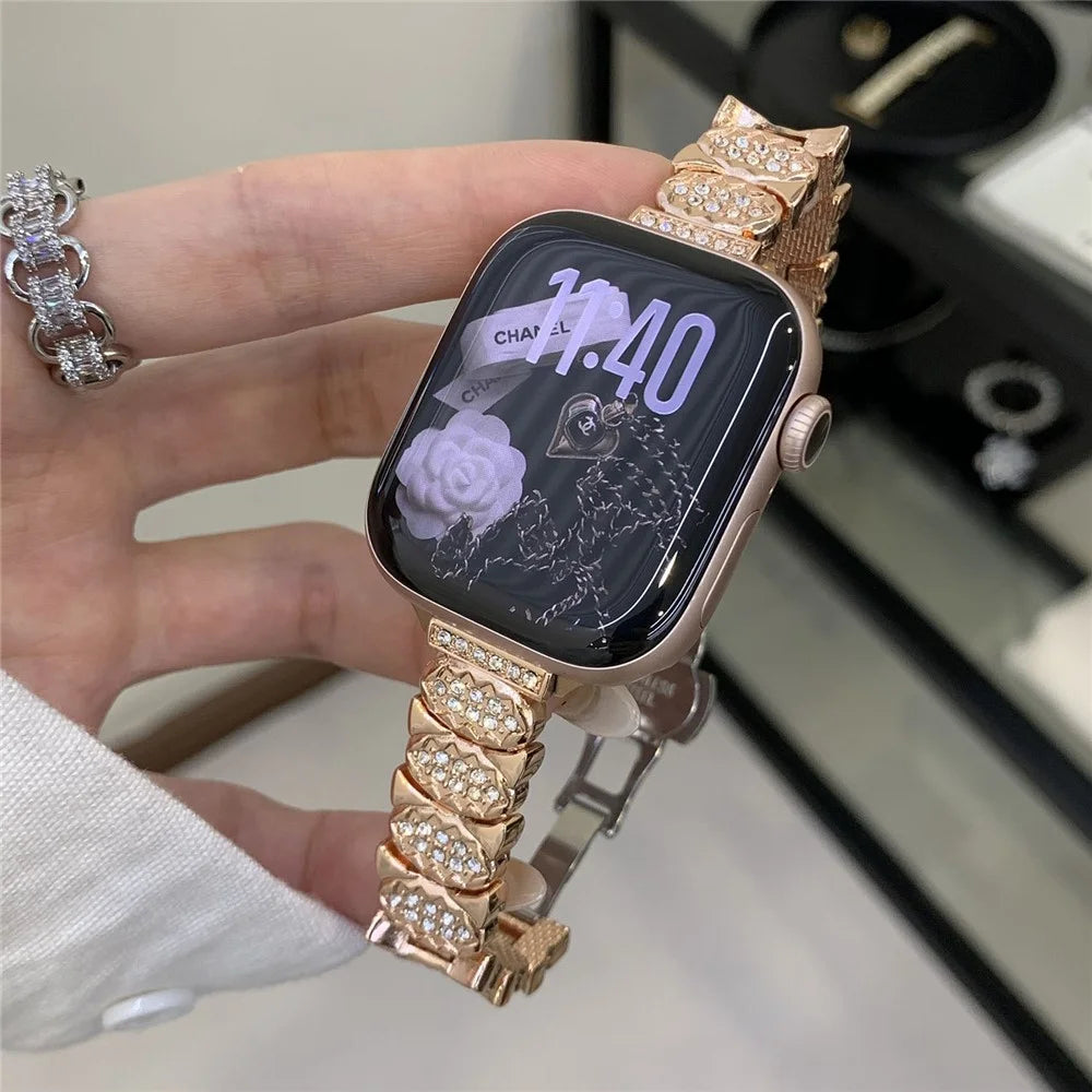 Strap for Apple Watch Ultra 3 2 1 49mm  /  Series 11 10 46mm  /  9 8 7 45mm  /  SE3 SE2 SE 6 5 4 44mm  /  3 2 1 42mm Rhinestone Decor Zinc Alloy Metal Chain Band - Rose Gold - 2