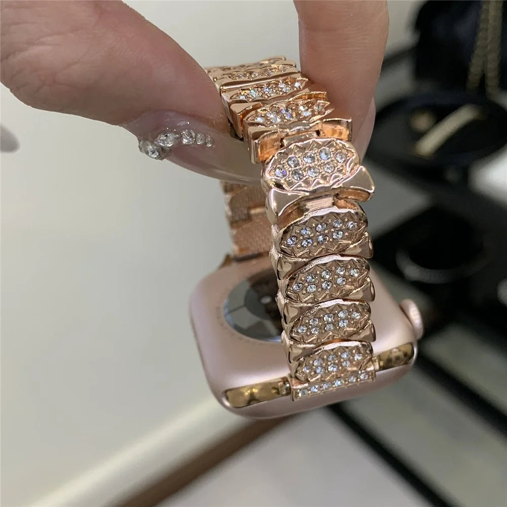 Strap for Apple Watch Ultra 3 2 1 49mm  /  Series 11 10 46mm  /  9 8 7 45mm  /  SE3 SE2 SE 6 5 4 44mm  /  3 2 1 42mm Rhinestone Decor Zinc Alloy Metal Chain Band - Rose Gold - 3