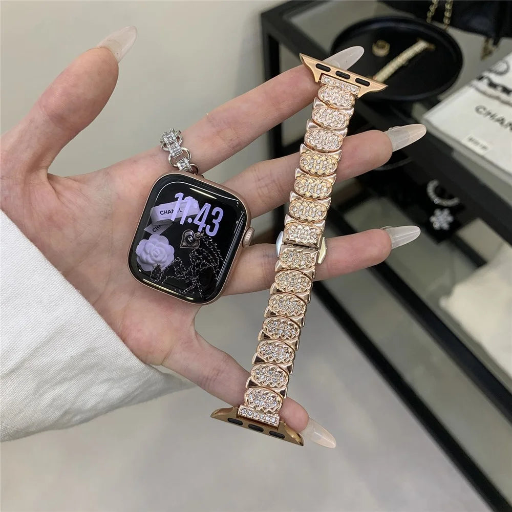 Strap for Apple Watch Ultra 3 2 1 49mm  /  Series 11 10 46mm  /  9 8 7 45mm  /  SE3 SE2 SE 6 5 4 44mm  /  3 2 1 42mm Rhinestone Decor Zinc Alloy Metal Chain Band - Rose Gold - 4
