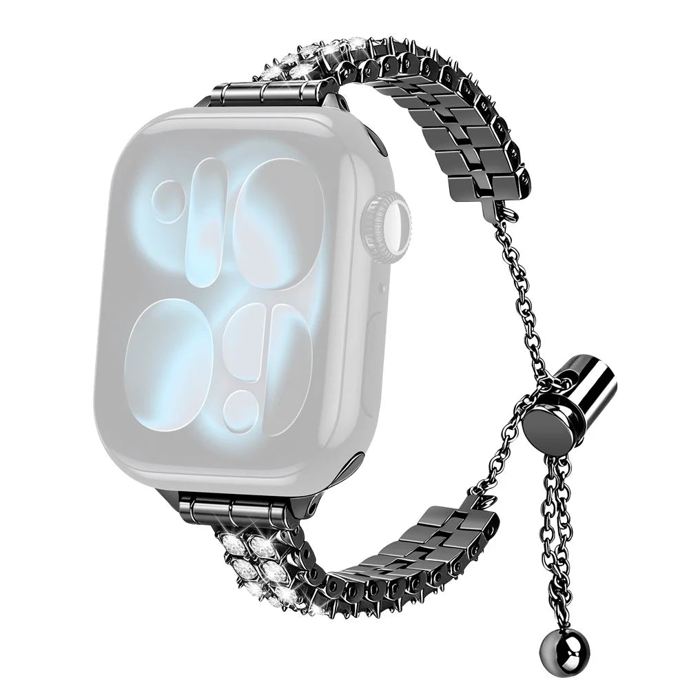 Metal Strap for Apple Watch Series 11 10 42mm / 9 8 7 41mm / SE3 SE2 SE 6 5 4 40mm / 3 2 1 38mm Rhinestone Decor Adjustable Chain Band - Black - 1