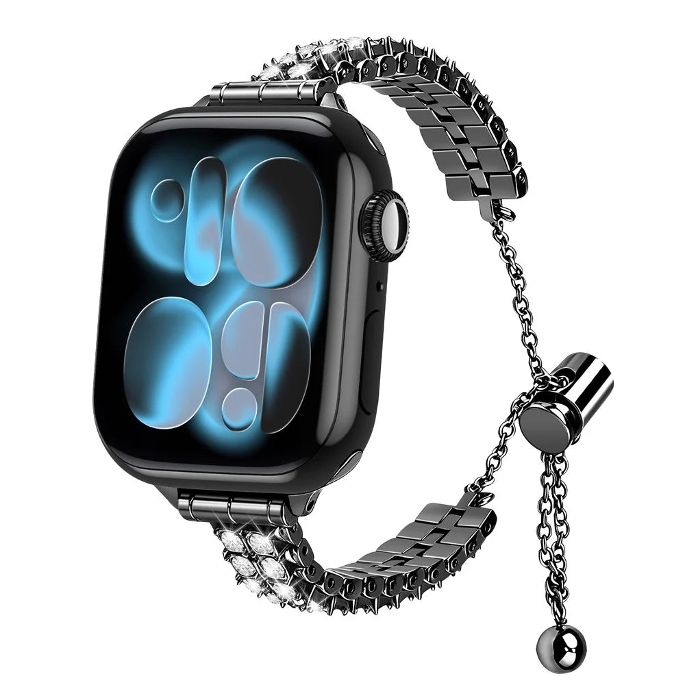 Metal Strap for Apple Watch Series 11 10 42mm / 9 8 7 41mm / SE3 SE2 SE 6 5 4 40mm / 3 2 1 38mm Rhinestone Decor Adjustable Chain Band - Black - 2