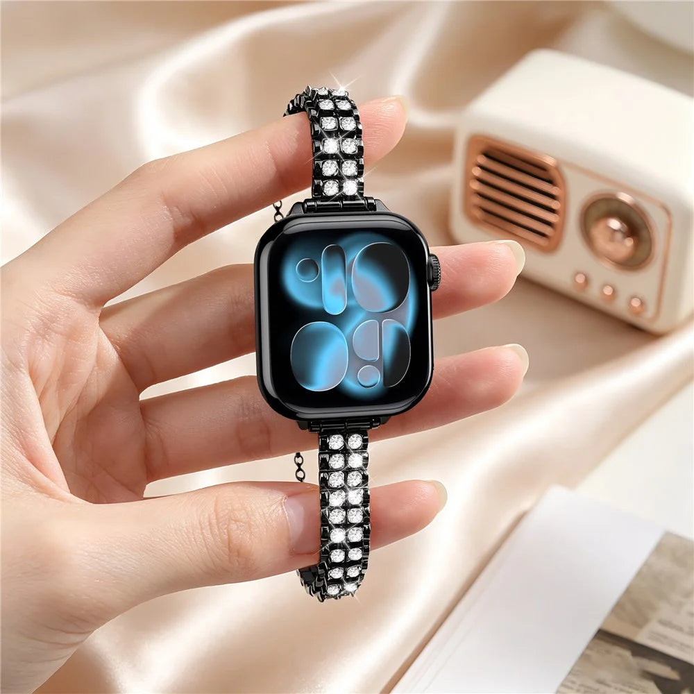 Metal Strap for Apple Watch Series 11 10 42mm / 9 8 7 41mm / SE3 SE2 SE 6 5 4 40mm / 3 2 1 38mm Rhinestone Decor Adjustable Chain Band - Black - 4