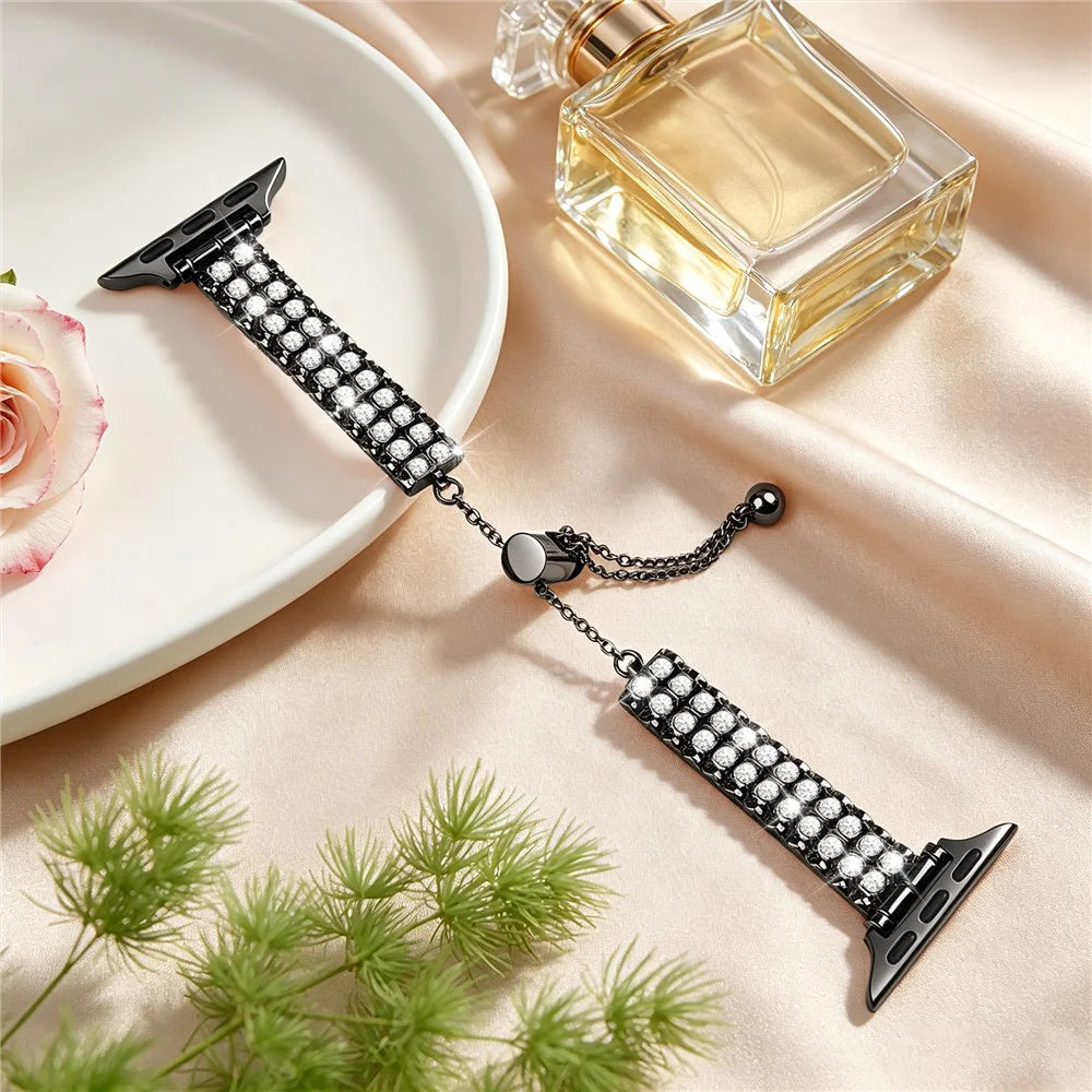 Metal Strap for Apple Watch Ultra 3 2 1 49mm / Series 11 10 46mm / 9 8 7 45mm / SE3 SE2 SE 6 5 4 44mm / 3 2 1 42mm  Rhinestone Decor Adjustable Chain Band - Black - 5