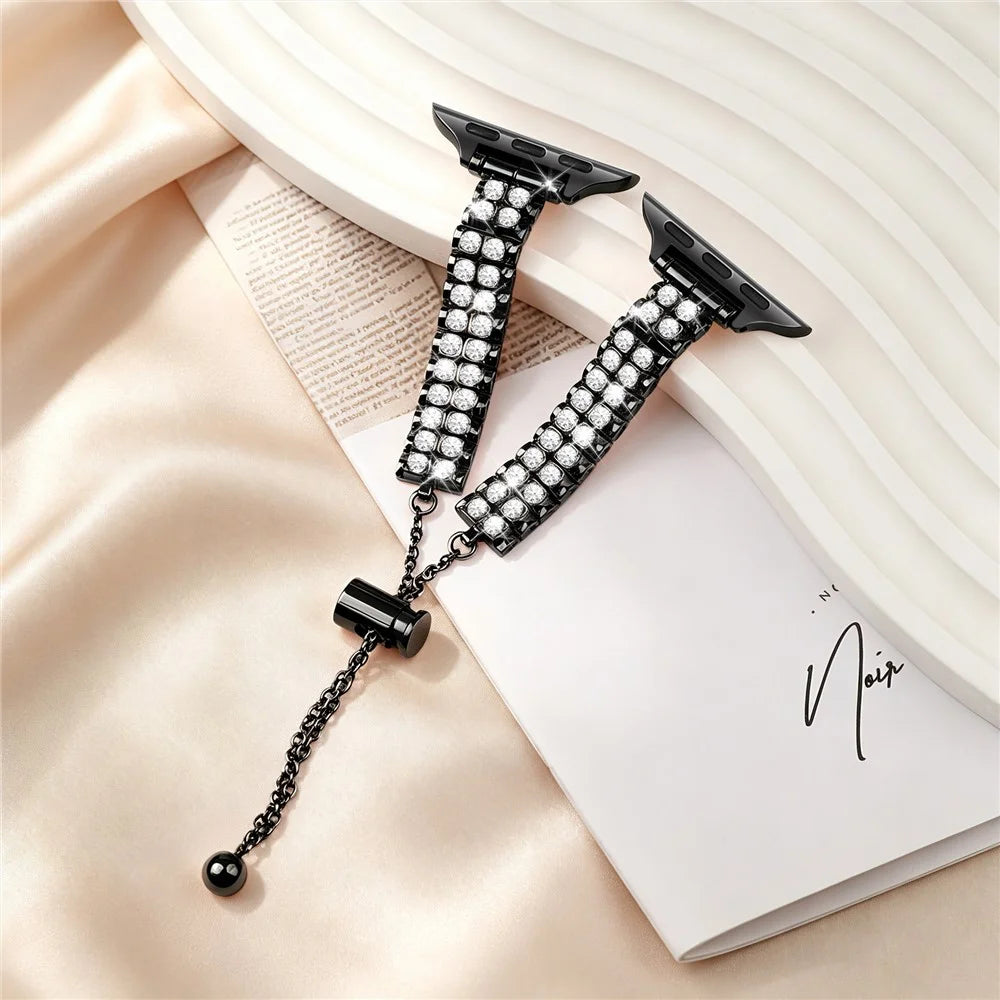 Metal Strap for Apple Watch Ultra 3 2 1 49mm / Series 11 10 46mm / 9 8 7 45mm / SE3 SE2 SE 6 5 4 44mm / 3 2 1 42mm  Rhinestone Decor Adjustable Chain Band - Black - 6