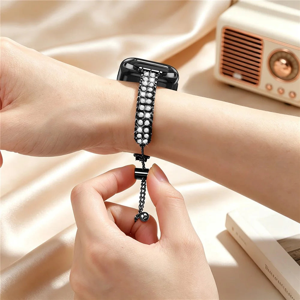 Metal Strap for Apple Watch Ultra 3 2 1 49mm / Series 11 10 46mm / 9 8 7 45mm / SE3 SE2 SE 6 5 4 44mm / 3 2 1 42mm  Rhinestone Decor Adjustable Chain Band - Black - 7