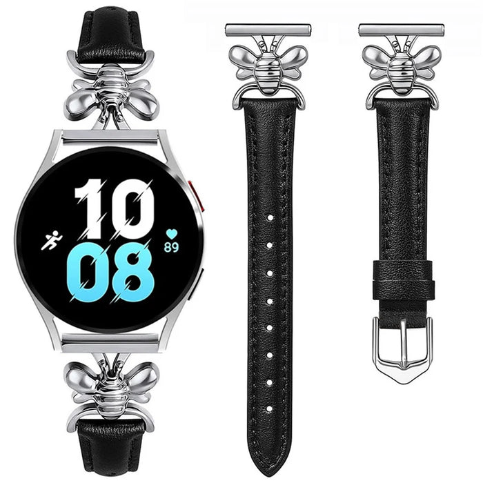 For Samsung Galaxy Watch 7 40mm / 44mm Bee Charm Band 20mm Leather Strap Replacement Wristband - Black - 2