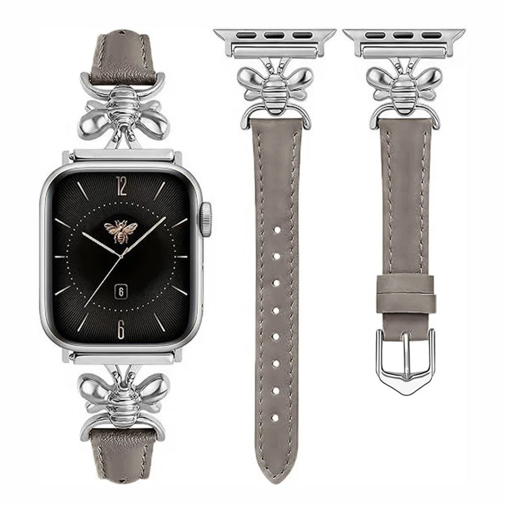 Watch Band for Apple Watch Ultra 3 2 1 49mm / Series 11 10 46mm / 9 8 7 45mm / SE3 SE2 SE 6 5 4 44mm / 3 2 1 42mm Bee Charm Leather Strap - Grey - 2