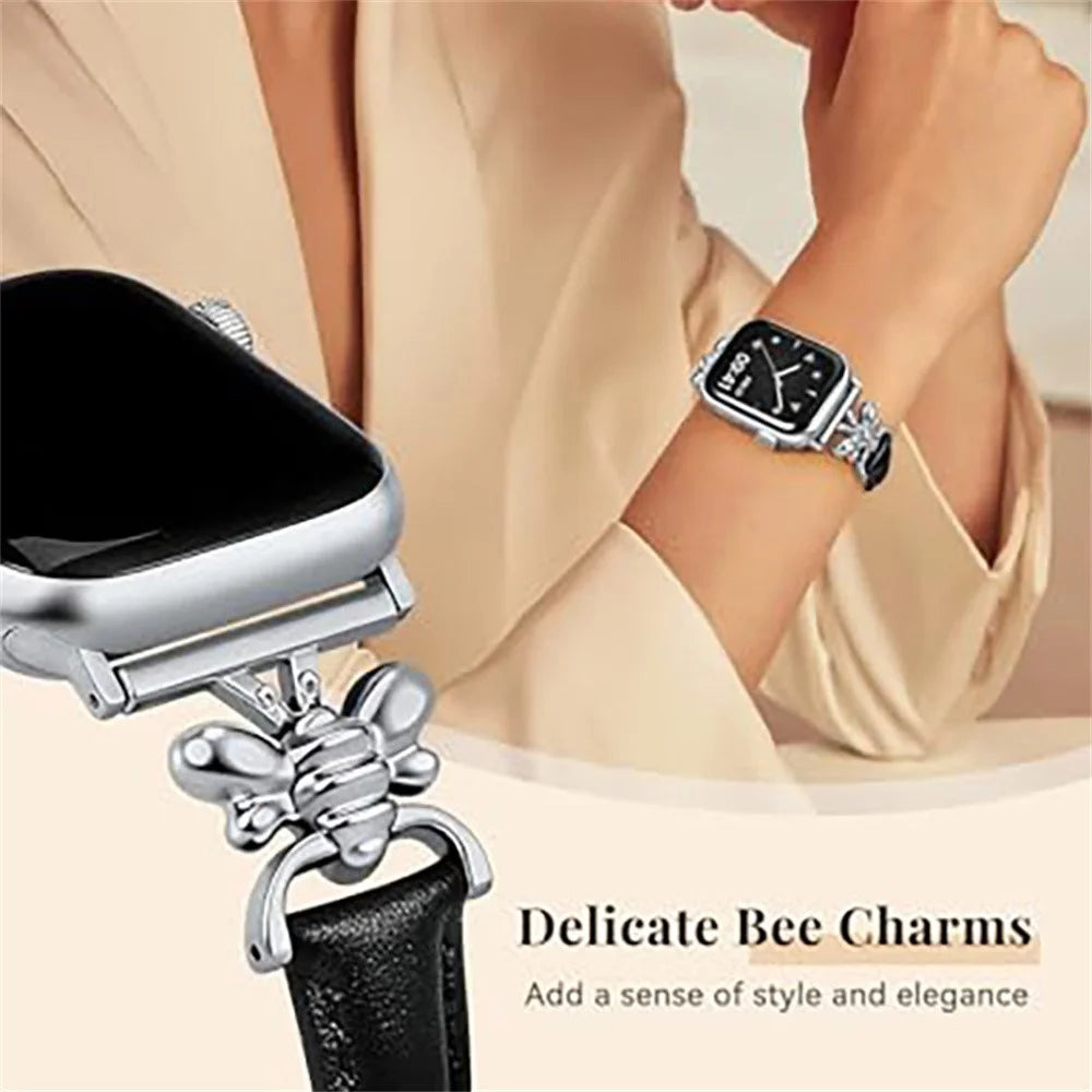 Watch Band for Apple Watch Ultra 3 2 1 49mm / Series 11 10 46mm / 9 8 7 45mm / SE3 SE2 SE 6 5 4 44mm / 3 2 1 42mm Bee Charm Leather Strap - Grey - 4