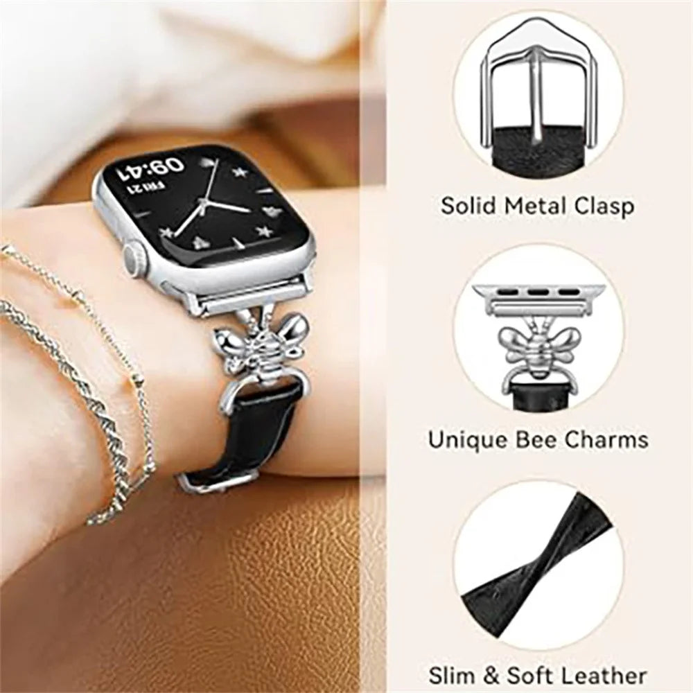 Watch Band for Apple Watch Ultra 3 2 1 49mm / Series 11 10 46mm / 9 8 7 45mm / SE3 SE2 SE 6 5 4 44mm / 3 2 1 42mm Bee Charm Leather Strap - Grey - 5