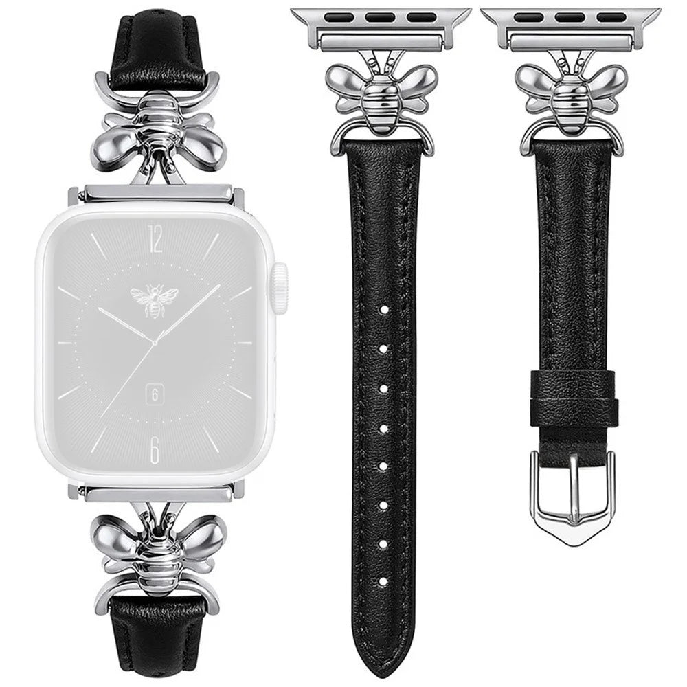 Watch Band for Apple Watch Series 11 10 42mm / 9 8 7 41mm / SE3 SE2 SE 6 5 4 40mm / 3 2 1 38mm Bee Charm Leather Strap - Black - 1