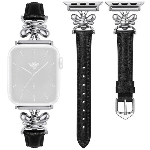 Watch Band for Apple Watch Series 11 10 42mm / 9 8 7 41mm / SE3 SE2 SE 6 5 4 40mm / 3 2 1 38mm Bee Charm Leather Strap - Black - 1