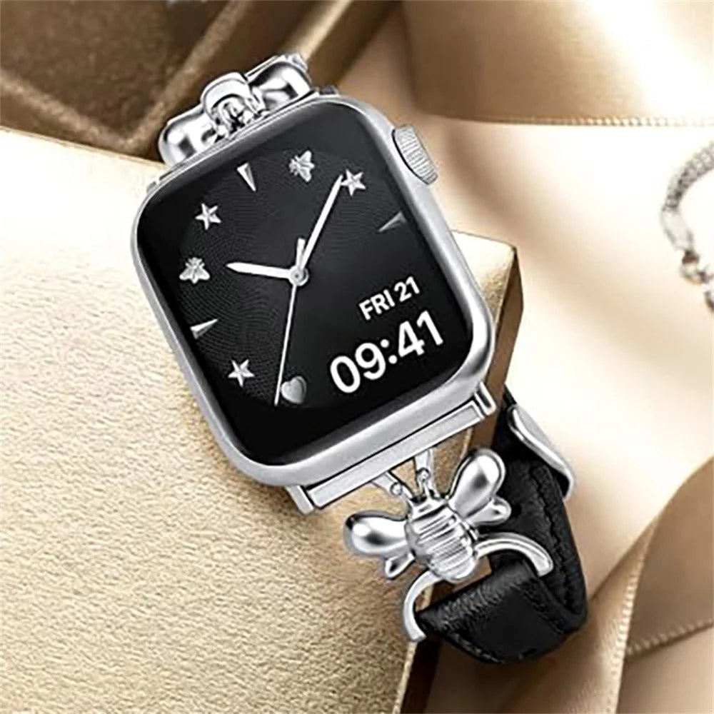 Watch Band for Apple Watch Series 11 10 42mm / 9 8 7 41mm / SE3 SE2 SE 6 5 4 40mm / 3 2 1 38mm Bee Charm Leather Strap - Black - 2